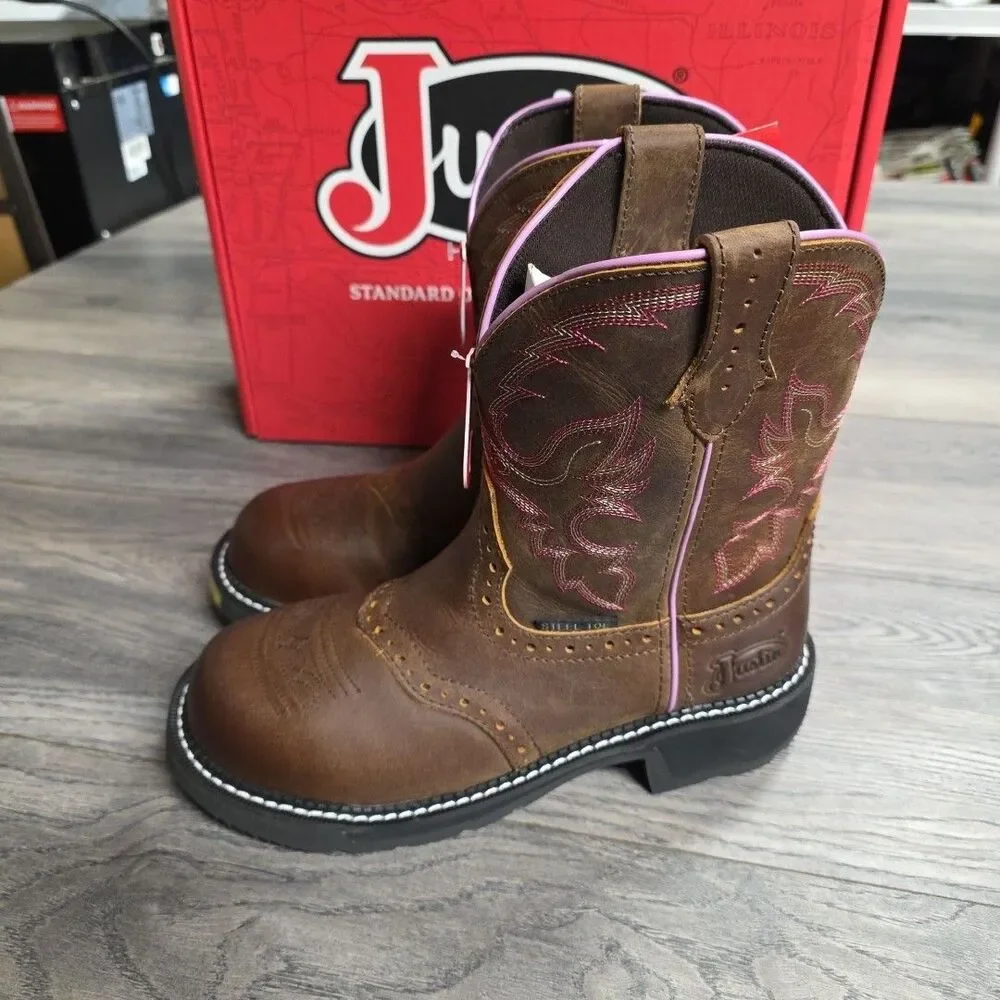 Justin Wanette Aged Bark Water Buffalo Women’s 8.5B 8” Round Steel Toe Boots NEW
